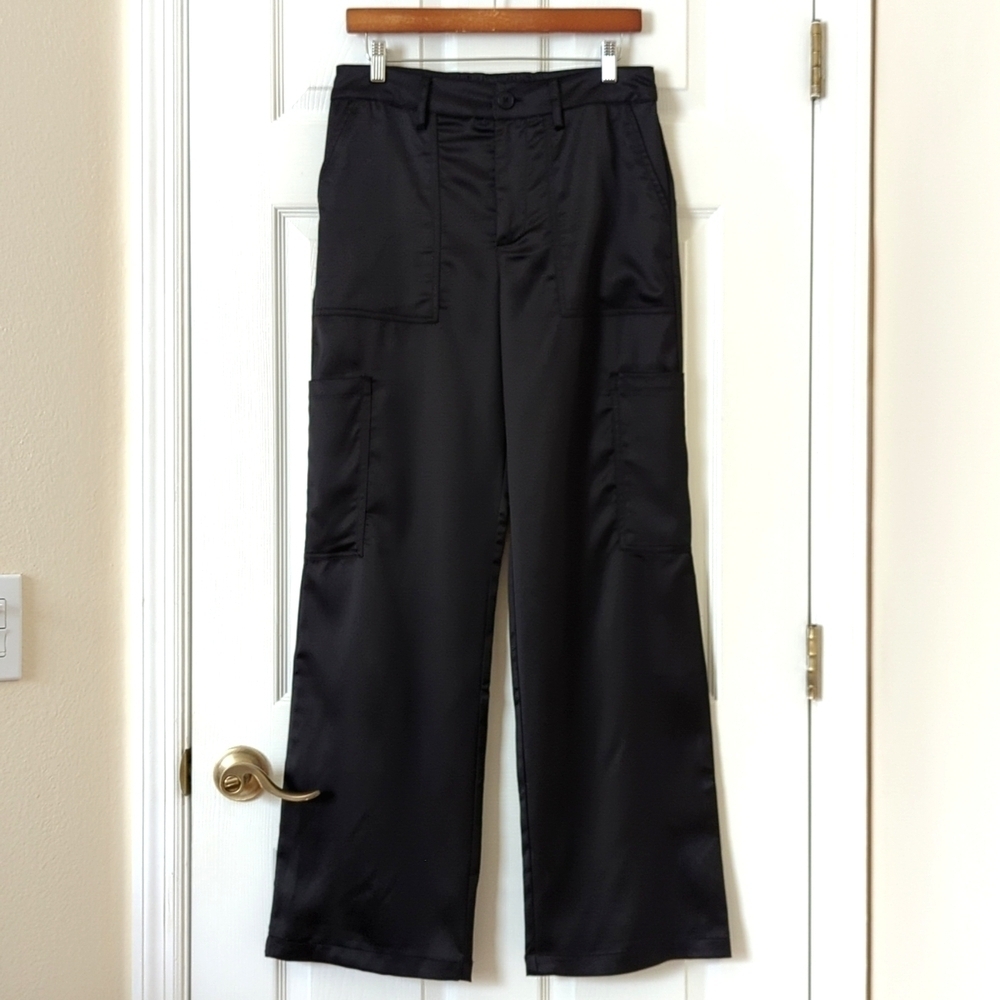 Sanctuary Gina Satin High Waisted Straight Wide Leg Cargo Pants Black Medium